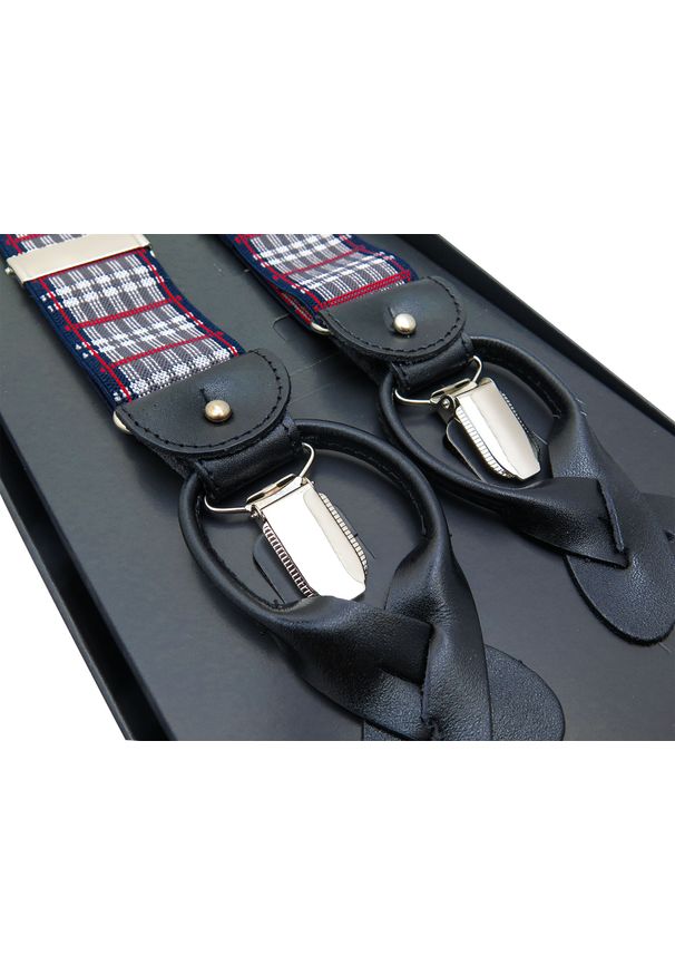 Modini - Szare szelki w biało-czerwoną kratkę G34. Kolor: szary, biały, czerwony, wielokolorowy. Materiał: skóra, guma. Wzór: kratka