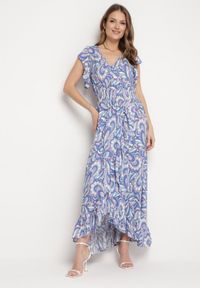 Born2be - Niebieska Asymetryczna Sukienka z Gumką w Pasie z Falbankami z Wiskozy Venimra. Typ kołnierza: kołnierz z falbankami. Kolor: niebieski. Materiał: wiskoza. Typ sukienki: asymetryczne #5