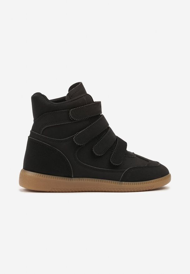 Renee - Czarne Sneakersy na Ukrytym Koturnie Ozdobione Przeszyciami Tlavie. Okazja: na co dzień. Zapięcie: rzepy. Kolor: czarny. Materiał: jeans. Wzór: aplikacja. Obcas: na koturnie