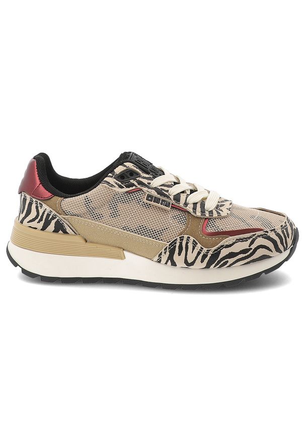 Big-Star - Sneakersy damskie Big Star, tekstylna siateczkowa cholewka zamszowe wstawki zwierzęcy wzór sznurowany fason gruba amortyzująca podeszwa, beżowe, TT27. Okazja: na co dzień. Zapięcie: sznurówki. Kolor: beżowy. Materiał: zamsz. Szerokość cholewki: normalna. Wzór: motyw zwierzęcy. Sport: turystyka piesza