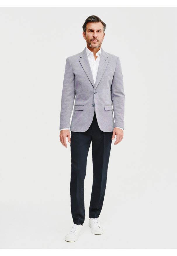 Pako Lorente - Granatowa marynarka melanż. Okazja: na co dzień. Kolor: niebieski. Materiał: dzianina, bawełna, poliester. Wzór: melanż. Sezon: wiosna. Styl: casual