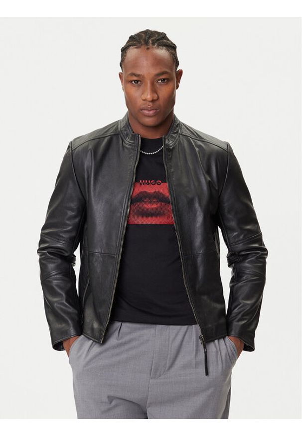 Hugo - HUGO Kurtka skórzana Lokis-3 50540984 Czarny Slim Fit. Kolor: czarny. Materiał: skóra