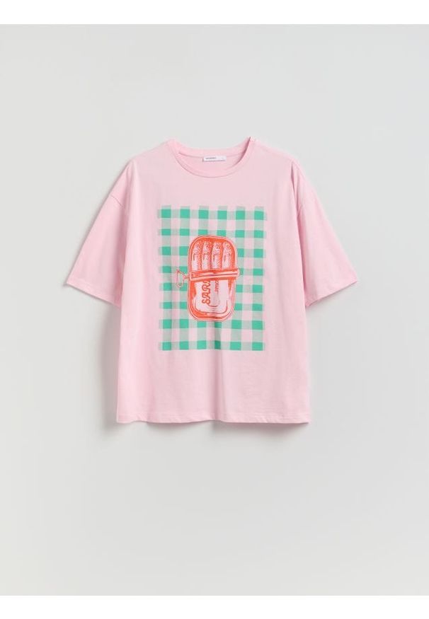 Reserved - T-shirt z nadrukiem - pastelowy róż. Kolor: różowy. Materiał: dzianina, bawełna. Wzór: nadruk