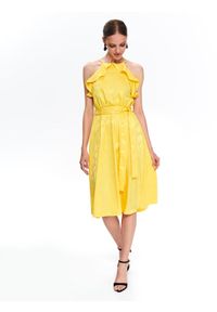 TOP SECRET - żakardowa sukienka z falbaną. Okazja: na imprezę. Kolor: żółty. Materiał: żakard. Długość rękawa: na ramiączkach. Sezon: lato. Styl: elegancki, wizytowy #4