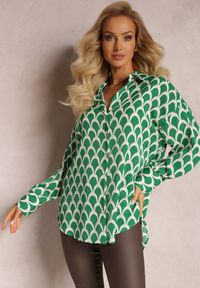 Renee - Zielona Koszula w Geometryczny Print Tiorre. Kolor: zielony. Materiał: tkanina. Długość rękawa: długi rękaw. Długość: długie. Wzór: geometria, nadruk #4