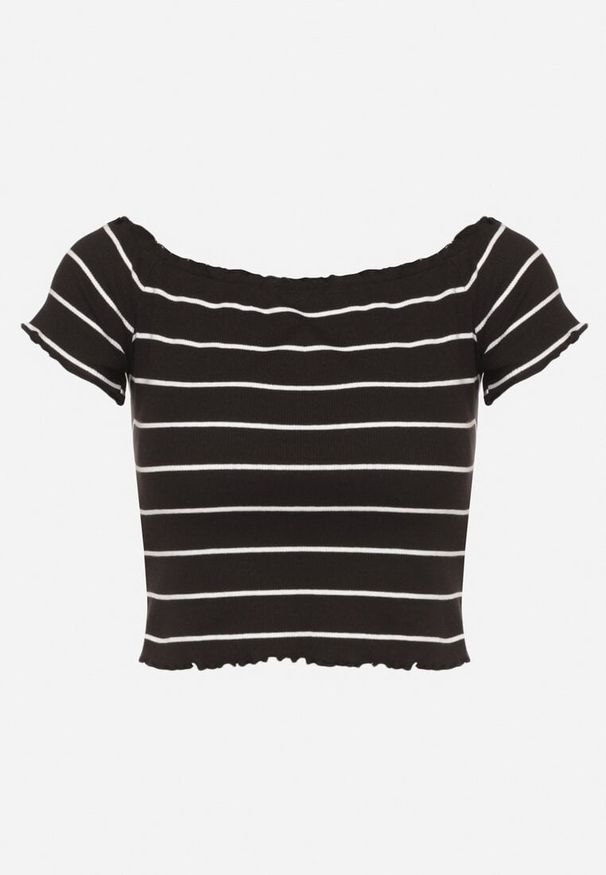 Born2be - Czarny Top z Bawełny Typu Hiszpanka w Paski Lireena. Okazja: na co dzień. Typ kołnierza: dekolt hiszpanka. Kolor: czarny. Materiał: bawełna. Wzór: paski. Sezon: wiosna. Styl: klasyczny, casual