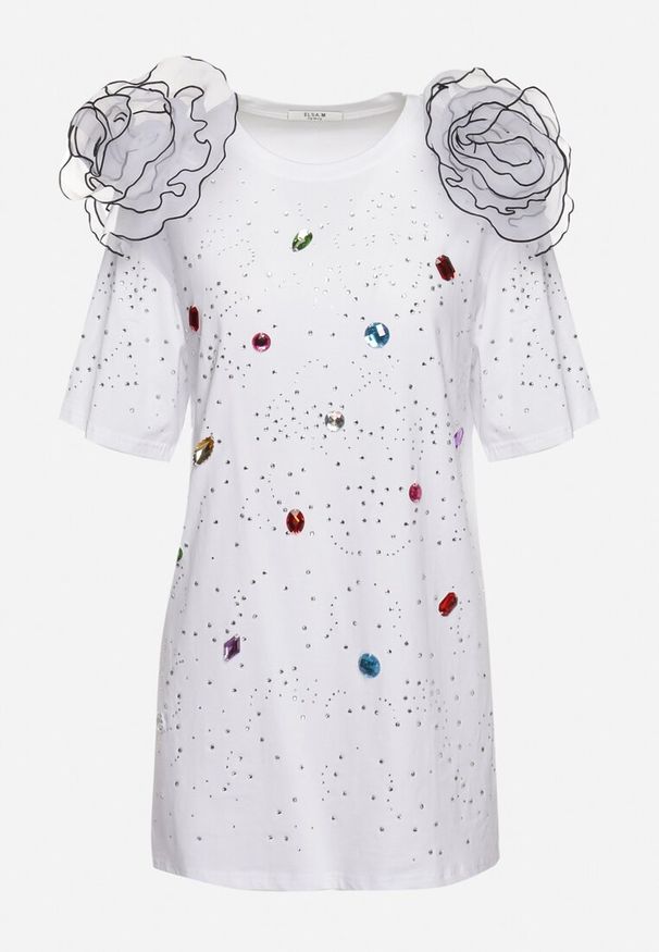 Born2be - Biała Bluzka z Bawełny Ozdobiona Cyrkoniami i Kryształkami Leonea. Kolor: biały. Materiał: bawełna. Wzór: aplikacja