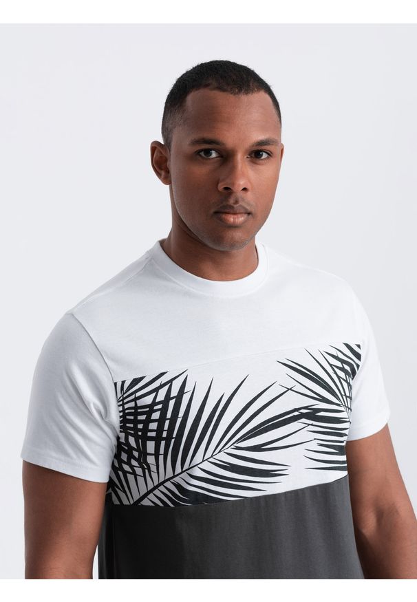 Ombre Clothing - T-shirt meski dwukolorowy z nadrukiem w liście palmy - grafitowy V2 - Rozmiar: S. Kolor: szary. Materiał: jersey, dzianina, bawełna. Wzór: nadruk. Sezon: lato. Styl: wakacyjny
