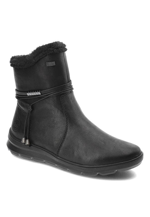 Czarne Botki Rieker Wygodne Buty Damskie. Zapięcie: pasek. Kolor: czarny. Materiał: syntetyk, futro, skóra ekologiczna. Sezon: zima. Styl: elegancki