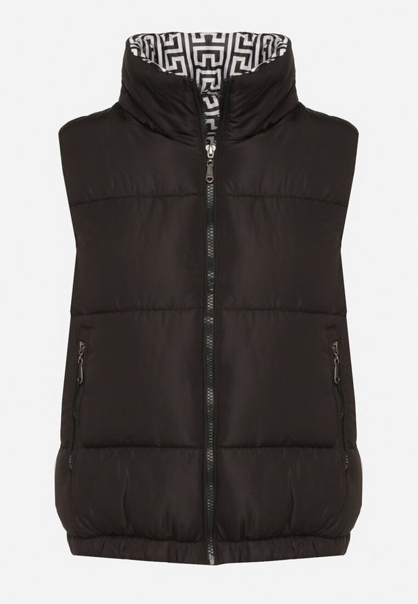 Born2be - Czarna Pikowana Kamizelka z Ozdobną Podszewką Olianela. Okazja: na spacer, na co dzień. Kolor: czarny. Materiał: jeans. Wzór: aplikacja. Styl: casual, elegancki