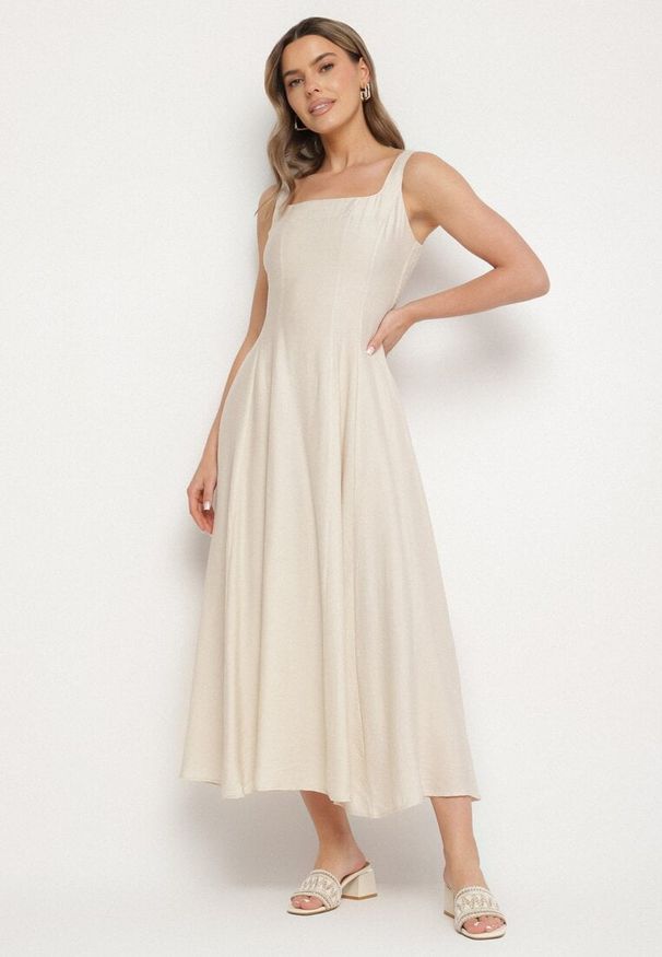 Born2be - Beżowa Wiskozowa Sukienka o Rozkloszowanym Kroju z Kwadratowym Dekoltem Avmila. Typ kołnierza: dekolt kwadratowy. Kolor: beżowy. Materiał: wiskoza. Styl: klasyczny