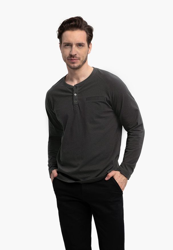 Volcano - Longsleeve z dekoltem z guzikami L-CHARL. Okazja: na co dzień. Materiał: jersey, skóra, dzianina. Długość rękawa: długi rękaw. Długość: długie. Wzór: melanż. Styl: casual