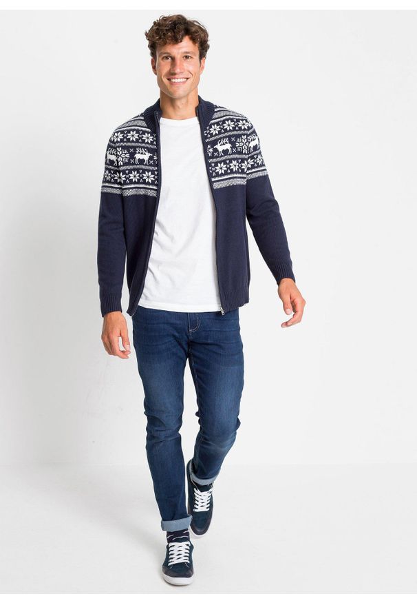 bonprix - Sweter norweski rozpinany z przyjemnej dla skóry czystej bawełny. Kolor: niebieski. Materiał: bawełna, skóra