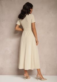 Renee - Beżowa Sukienka o Rozkloszowanym Kroju z Ozdobnym Paskiem Desiliena. Okazja: na co dzień. Kolor: beżowy. Materiał: denim. Typ sukienki: rozkloszowane. Styl: klasyczny, elegancki, casual #5
