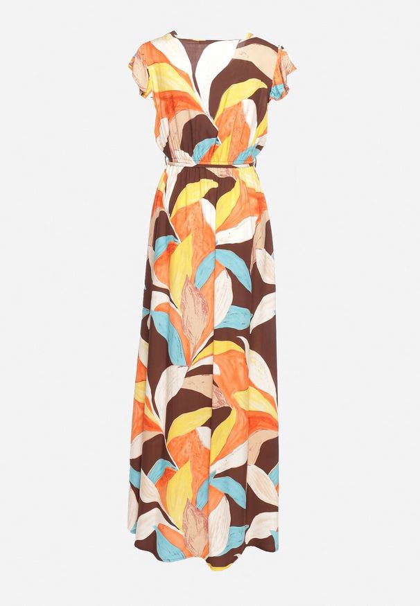 Born2be - Pomarańczowo-Brązowa Sukienka z Kopertowym Dekoltem z Gumką w Pasie i Materiałowym Paskiem z Rozcięciem Davetta. Okazja: do pracy. Typ kołnierza: dekolt kopertowy. Kolor: pomarańczowy. Materiał: materiał. Sezon: lato. Typ sukienki: kopertowe
