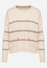 Born2be - Beżowy Sweter w Paski z Wyhaftowanymi Serduszkami Nerisea. Kolor: beżowy. Wzór: paski. Styl: elegancki #3