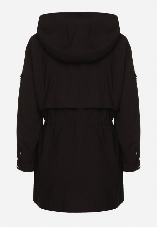 Born2be - Czarna Kurtka Parka z Nieodpinanym Kapturem i Troczkiem w Pasie Mevarie. Kolor: czarny. Materiał: tkanina
