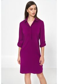 Nife - Prosta Sukienka z Podwijanym Rękawem - Purpurowa. Kolor: fioletowy. Materiał: wiskoza. Typ sukienki: proste #1