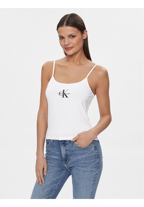 Calvin Klein Jeans Top Monologo J20J223105 Biały Slim Fit. Kolor: biały. Materiał: bawełna