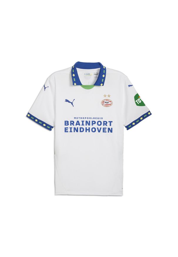Puma - Trzecia koszulka PSV Eindhoven 2024/25. Kolor: biały, wielokolorowy, niebieski. Wzór: paski