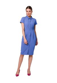 Stylove - Sukienka koszulowa ołówkowa z kołnierzykiem krótki rękaw niebieska. Okazja: do pracy, na spotkanie biznesowe. Kolor: niebieski. Długość rękawa: krótki rękaw. Typ sukienki: ołówkowe, koszulowe. Styl: elegancki, wizytowy, biznesowy #3