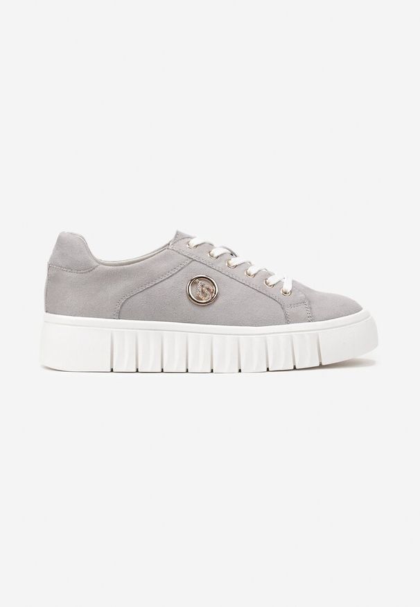 Renee - Szare Sznurowane Sneakersy Vices na Platformie z Tłoczeniem i Metaliczną Aplikacją Lavfedi. Okazja: na co dzień. Zapięcie: sznurówki. Kolor: szary. Materiał: jeans. Wzór: aplikacja. Obcas: na platformie