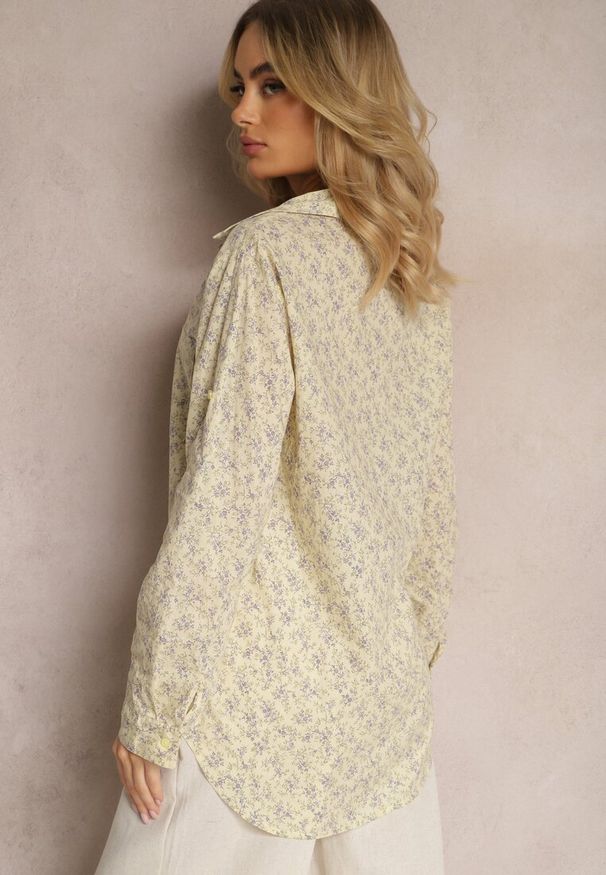 Renee - Jasnożółta Koszula z Bawełny Ozdobiona Wzorem w Kwiaty Vilnas. Kolor: żółty. Materiał: bawełna. Długość rękawa: długi rękaw. Długość: długie. Wzór: aplikacja, kwiaty