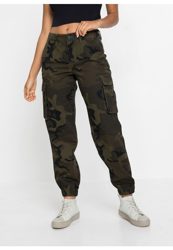 bonprix - Spodnie bojówki z czystej bawełny. Kolor: zielony. Materiał: bawełna. Wzór: moro