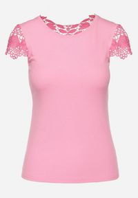 Born2be - Różowa Bluzka Prążkowana z Koronkowymi Wstawkami i Cekinami Esmalde. Kolor: różowy. Materiał: prążkowany, koronka. Styl: klasyczny, elegancki #6