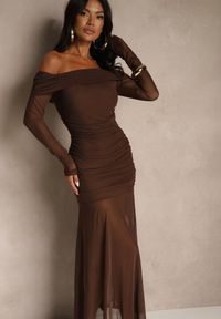 Renee - Brązowa Koktajlowa Sukienka z Prześwitującymi Rękawami i Marszczeniem Haludea. Okazja: na imprezę. Kolor: brązowy. Styl: wizytowy #3