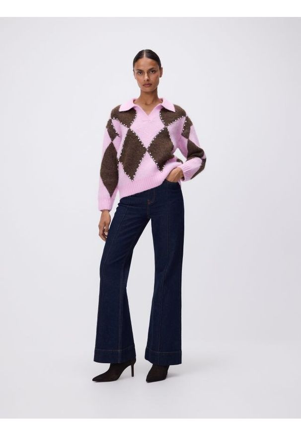 Reserved - Sweter polo w romby - wielobarwny. Typ kołnierza: polo. Materiał: wełna, dzianina