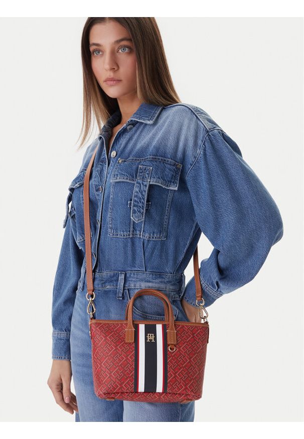 TOMMY HILFIGER - Tommy Hilfiger Torebka Th Monoplay Mini Tote Stripe Le AW0AW18389 Czerwony. Kolor: czerwony. Materiał: skórzane