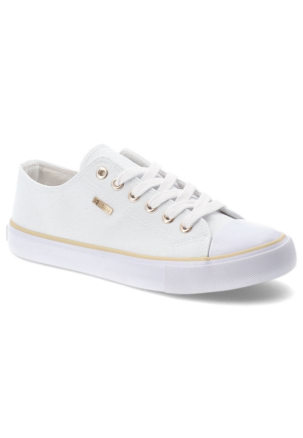 Big-Star - Trampki damskie Big Star, materiałowa cholewka sznurowany fason klasyczna biała podeszwa złote detale minimalistyczny design, białe, TT274772. Okazja: na spacer, na co dzień. Zapięcie: sznurówki. Kolor: biały. Materiał: materiał. Szerokość cholewki: normalna. Styl: klasyczny