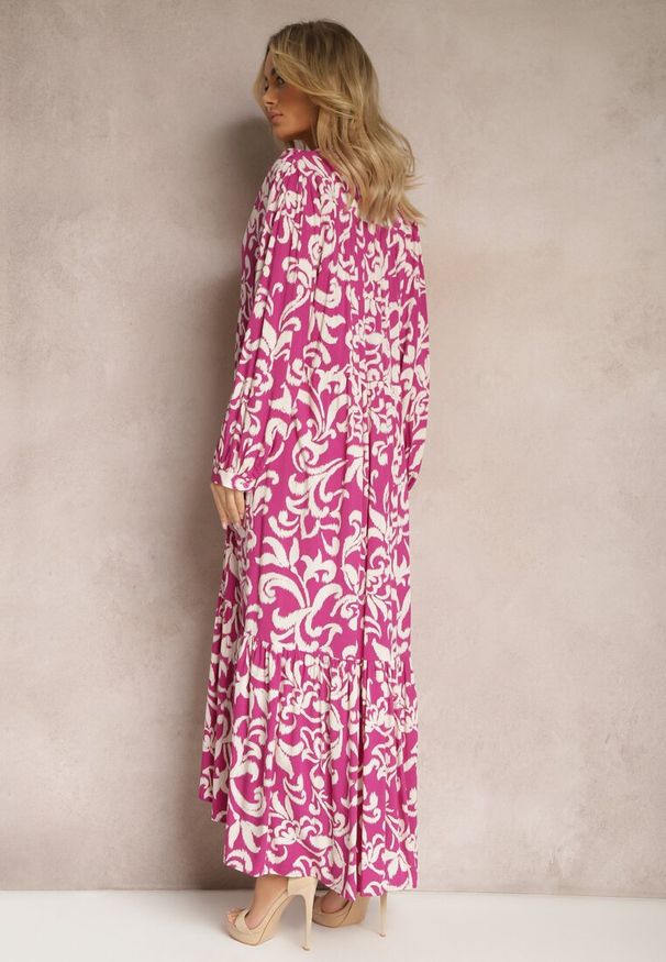 Renee - Fuksjowa Rozkloszowana Sukienka Maxi z Wiskozy o Koszulowym Kroju w Ornamentalny Print Leonorra. Kolor: różowy. Materiał: wiskoza. Wzór: nadruk. Typ sukienki: koszulowe. Długość: maxi