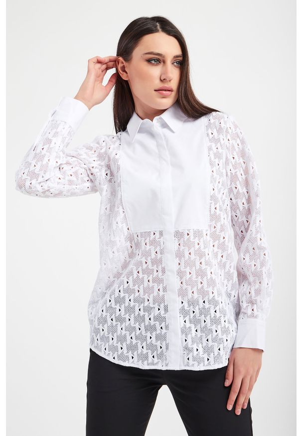 Karl Lagerfeld - KOSZULA KARL LAGERFELD. Typ kołnierza: kołnierzyk klasyczny. Materiał: tkanina, koronka. Wzór: gładki, ażurowy, haft. Styl: klasyczny
