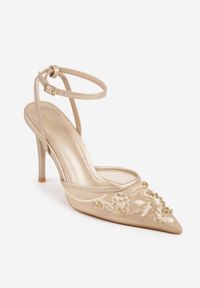 Renee - Złote Szpilki VICES z Siateczkową Cholewką Perełkami i Kwiatowym Wzorem Berdal. Zapięcie: sprzączka. Kolor: złoty. Materiał: satyna. Szerokość cholewki: normalna. Wzór: kwiaty. Obcas: na szpilce #7
