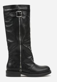 Born2be - Czarne Kozaki Typu Bikery Ozdobione Suwakiem i Klamrą Linvera. Okazja: na co dzień. Zapięcie: klamry. Kolor: czarny. Materiał: jeans. Wzór: aplikacja. Styl: casual, elegancki #3