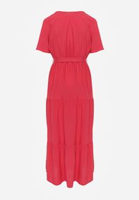 Renee - Czerwona Rozkloszowana Sukienka z Falbanką i Wiązanym Paskiem Adotine. Kolor: czerwony. Materiał: materiał. Sezon: wiosna, lato #8