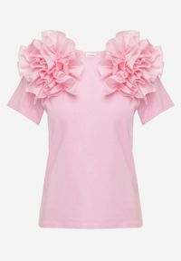 Renee - Różowy T-shirt z Bawełny Ozdobiony Bufiastymi Falbankami Kandrra. Typ kołnierza: kołnierz z falbankami. Kolor: różowy. Materiał: bawełna. Wzór: aplikacja #4