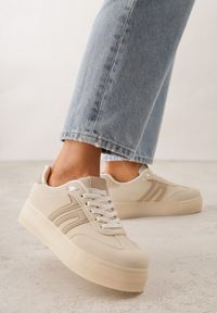 Born2be - Beżowe Sneakersy Kultowe Tenisówki na Platformie Hlalna. Kolor: beżowy. Materiał: jeans. Szerokość cholewki: normalna. Sezon: wiosna. Obcas: na platformie #1
