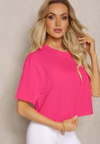 Renee - Fuksjowy Oversizowy T-shirt z Bawełny z Okrągłym Dekoltem Calama. Kolor: różowy. Materiał: bawełna. Wzór: kolorowy. Styl: elegancki #5