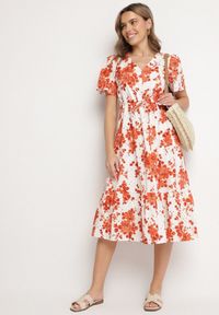 Born2be - Pomarańczowa Sukienka z Bawełny Ażurowa w Kwiaty z Rozkloszowanym Dołem Florbia. Okazja: na co dzień. Kolor: pomarańczowy. Materiał: bawełna. Długość rękawa: krótki rękaw. Wzór: kwiaty, ażurowy. Sezon: wiosna. Typ sukienki: rozkloszowane. Styl: klasyczny, casual #7