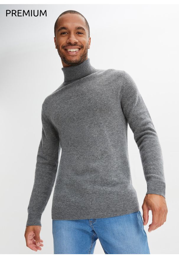 bonprix - Sweter wełniany z golfem, z domieszką materiału Good Cashmere Standard®. Typ kołnierza: golf. Kolor: szary. Materiał: wełna, materiał. Styl: klasyczny