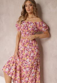 Renee - Różowy Bawełniany Komplet 2-częściowy w Kwiaty Malenis. Kolor: różowy. Materiał: bawełna. Wzór: kwiaty #5