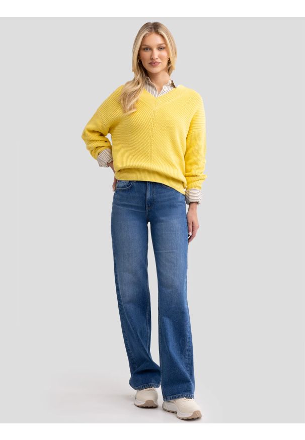Big-Star - Sweter damski z wiskozy z dekoltem v-neck żółty Cyntiana 200. Kolor: żółty. Materiał: wiskoza. Styl: vintage, elegancki, klasyczny