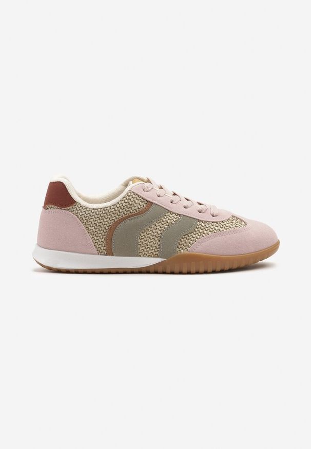 Renee - Różowo-Zielone Sneakersy z Geometrycznym Motywem i Plecionką Laniffia. Okazja: na spacer. Kolor: różowy. Materiał: jeans. Wzór: geometria. Sport: turystyka piesza
