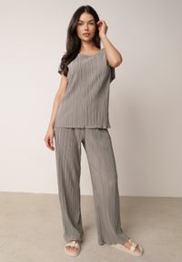 Born2be - Szara Bluzka na Krótki Rękaw z Plisowanej Tkaniny Undirea. Okazja: do pracy, na co dzień. Kolor: szary. Materiał: tkanina. Długość rękawa: krótki rękaw. Długość: krótkie. Styl: elegancki, klasyczny, casual #7