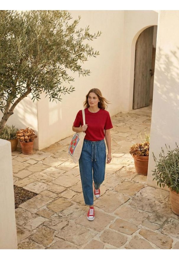 Sinsay - Bawełniana koszulka z gęstego splotu Interlock - czerwony. Kolor: czerwony. Materiał: bawełna. Wzór: ze splotem