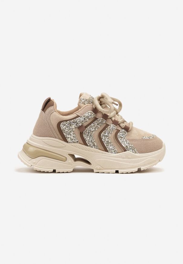 Born2be - Ciemnobeżowe Brokatowe Sneakersy na Grubej Podeszwie Wlanna. Nosek buta: okrągły. Zapięcie: sznurówki. Kolor: beżowy. Materiał: materiał. Obcas: na obcasie. Wysokość obcasa: średni