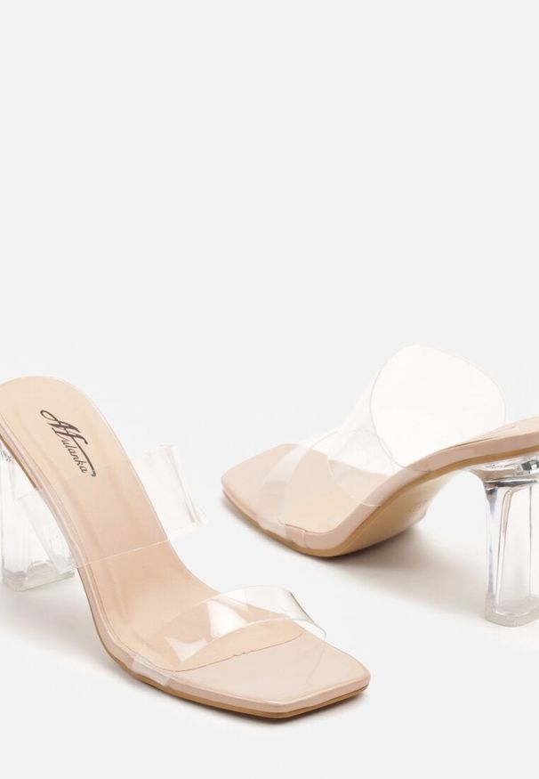Renee - Beżowe Klapki z Transparentnymi Paskami i Słupkiem Galinda. Kolor: beżowy. Sezon: lato. Obcas: na słupku. Styl: elegancki
